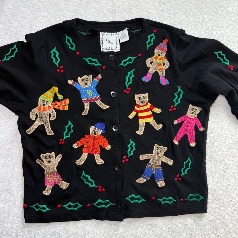 Michael Simon Lite Womens Black Cotton Teddy Bear Holly Christmas Cardigan Small
